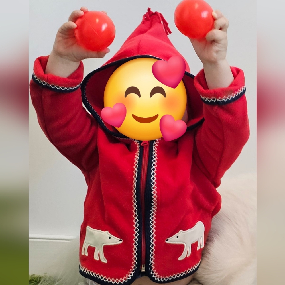 Hanna Andersson Red Fleece Elf Hat Baby Jacket with Polar Bears, 12-18m